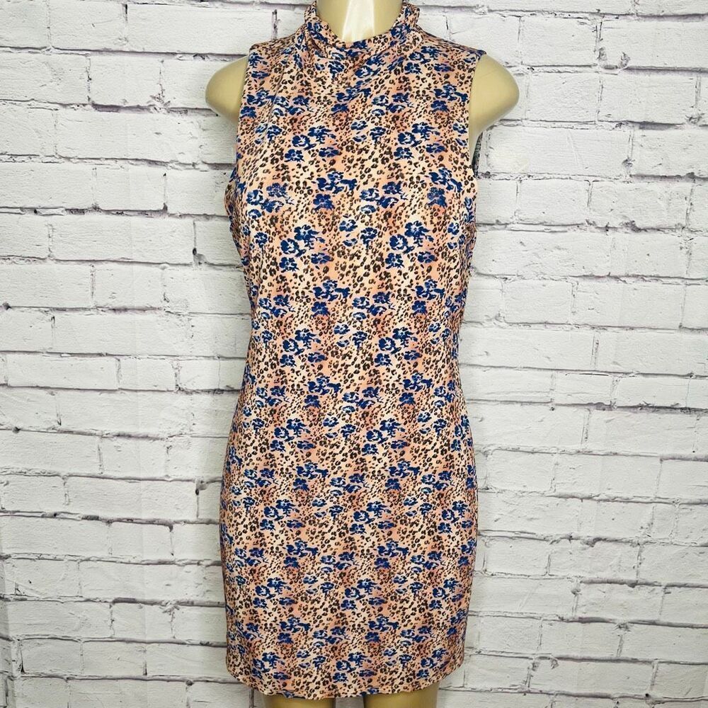 Ramy Brook Womens Blue Tan Liza Turtleneck Sleeveless Mini Dress Size XL NWOT